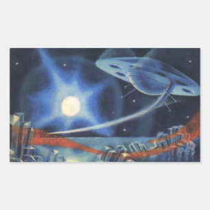 wetenschap Fiction Blue Spaceship Over Planet Rechthoekige Sticker