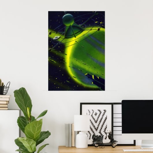 wetenschap Fiction Green Planet w Spaceship Poster (Thuiskantoor)