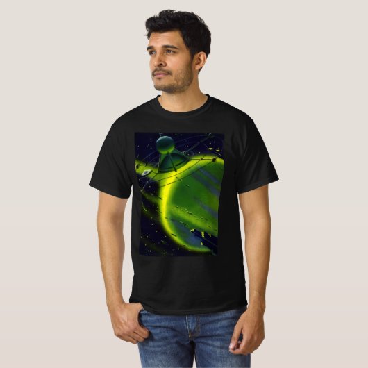  wetenschap Fiction Green Planet w Spaceship T-shirt (Voorkant volledig)
