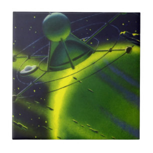 wetenschap Fiction Green Planet w Spaceship Tegeltje