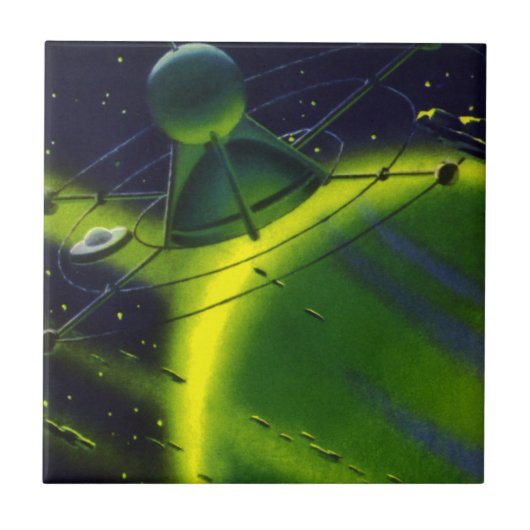 wetenschap Fiction Green Planet w Spaceship Tegeltje (Voorkant)