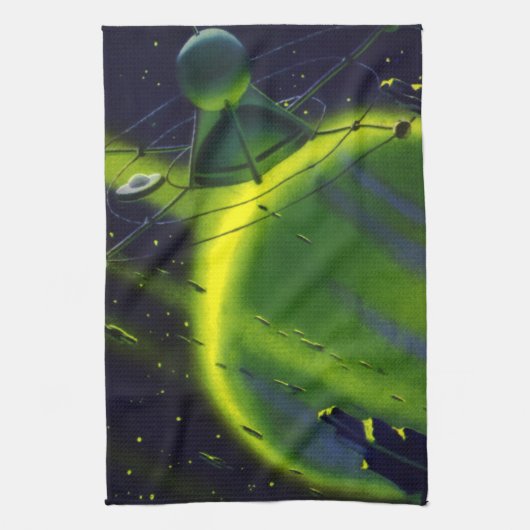  wetenschap Fiction Green Planet w Spaceship Theedoek (Verticaal)