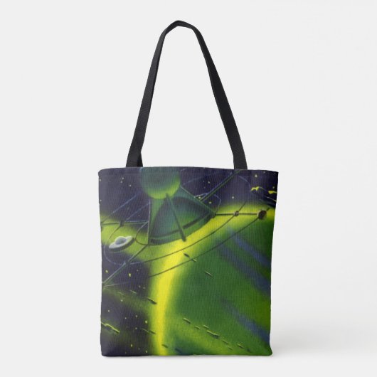 wetenschap Fiction Green Planet w Spaceship Tote Bag (Achterkant)