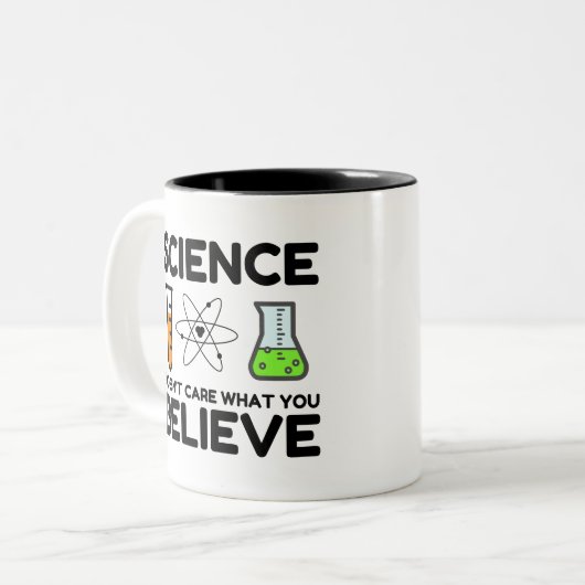 Wetenschap geeft niet om wat je gelooft tweekleurige koffiemok (Voorkant links)