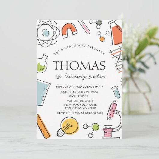 Wetenschap Verjaardagsfeest uitnodiging · Mad Scie (Staand voorkant)