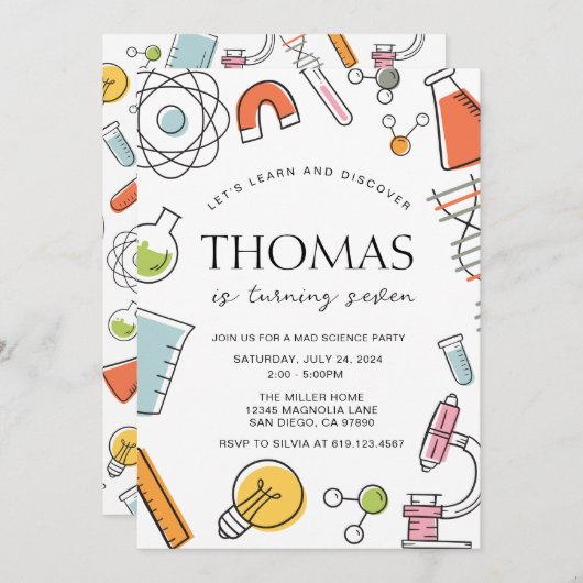 Wetenschap Verjaardagsfeest uitnodiging · Mad Scie (Voorkant / Achterkant)