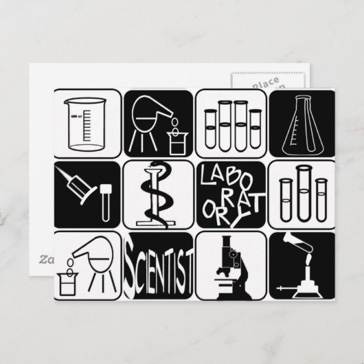 WETENSCHAPPELIJKE SYMBOLEN EN TOOLS VAN LABORATORI BRIEFKAART (Voorkant / Achterkant)