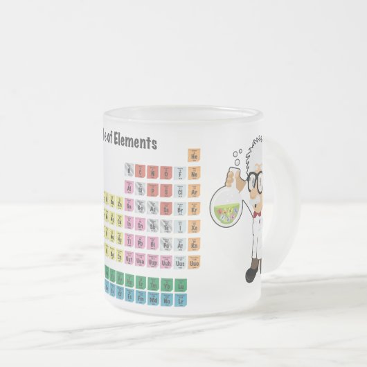 Wetenschapper met beker en periodiek systeem matglas koffiemok (Voorkant rechts)