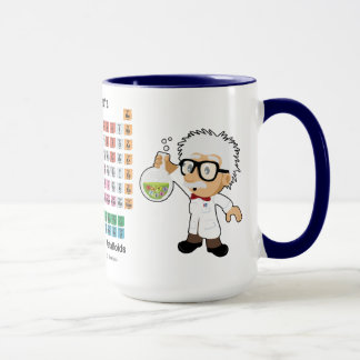 Wetenschapper met bekerglas en periodieke tabel mok