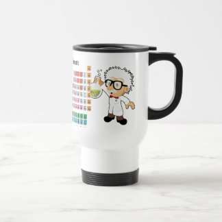Wetenschapper met bekerglas en periodieke tabel reisbeker