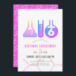 Wetenschapsexperiment: White & Neon Pink Girl Birt Kaart<br><div class="desc">Dit coole 'verjaardagsexperiment' van het meisje's uitnodiging op het gebied van wetenschapsverjaardagen bevat een witte achtergrond met kolven en een reageerbuis. De achterkant heeft een neonroze achtergrond met molecuulpatronen. Pas uw wensen aan. In mijn winkel kun je passende producten vinden.</div>