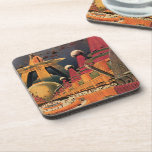 wetenschapsfiche Futuristic City Flying Car Drankjes Onderzetter<br><div class="desc">Vintage illustratie reis en transport science fiction afbeelding met een klassiek stripboek retro Sci Fi stadscentrum met een stad van de toekomst . De architectonische gebouwen zijn gevormd als kegels en voertuigen vliegen in de lucht als vogels, terwijl menigten mensen door de metropool bewegen.</div>