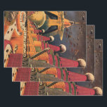 wetenschapsfiche Futuristic City Flying Car Inpakpapier Vel<br><div class="desc">Vintage illustratie reis en transport science fiction afbeelding met een klassiek stripboek retro Sci Fi stadscentrum met een stad van de toekomst . De architectonische gebouwen zijn gevormd als kegels en voertuigen vliegen in de lucht als vogels,  terwijl menigten mensen door de metropool bewegen.</div>