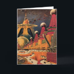 wetenschapsfiche Futuristic City Flying Car Kaart<br><div class="desc">Vintage illustratie reis en transport science fiction afbeelding met een klassiek stripboek retro Sci Fi stadscentrum met een stad van de toekomst . De architectonische gebouwen zijn gevormd als kegels en voertuigen vliegen in de lucht als vogels,  terwijl menigten mensen door de metropool bewegen.</div>