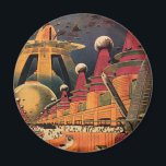 wetenschapsfiche Futuristic City Flying Car Magneet<br><div class="desc">Vintage illustratie reis en transport science fiction afbeelding met een klassiek stripboek retro Sci Fi stadscentrum met een stad van de toekomst . De architectonische gebouwen zijn gevormd als kegels en voertuigen vliegen in de lucht als vogels,  terwijl menigten mensen door de metropool bewegen.</div>