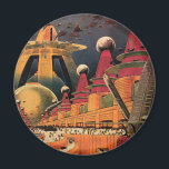 wetenschapsfiche Futuristic City Flying Car Magneet<br><div class="desc">Vintage illustratie reis en transport science fiction afbeelding met een klassiek stripboek retro Sci Fi stadscentrum met een stad van de toekomst . De architectonische gebouwen zijn gevormd als kegels en voertuigen vliegen in de lucht als vogels,  terwijl menigten mensen door de metropool bewegen.</div>