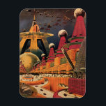 wetenschapsfiche Futuristic City Flying Car Magneet<br><div class="desc">Vintage illustratie reis en transport science fiction afbeelding met een klassiek stripboek retro Sci Fi stadscentrum met een stad van de toekomst . De architectonische gebouwen zijn gevormd als kegels en voertuigen vliegen in de lucht als vogels,  terwijl menigten mensen door de metropool bewegen.</div>
