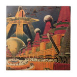 wetenschapsfiche Futuristic City Flying Car Tegeltje<br><div class="desc">Vintage illustratie reis en transport science fiction afbeelding met een klassiek stripboek retro Sci Fi stadscentrum met een stad van de toekomst . De architectonische gebouwen zijn gevormd als kegels en voertuigen vliegen in de lucht als vogels,  terwijl menigten mensen door de metropool bewegen.</div>