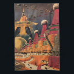 wetenschapsfiche Futuristic City Flying Car Theedoek<br><div class="desc">Vintage illustratie reis en transport science fiction afbeelding met een klassiek stripboek retro Sci Fi stadscentrum met een stad van de toekomst . De architectonische gebouwen zijn gevormd als kegels en voertuigen vliegen in de lucht als vogels,  terwijl menigten mensen door de metropool bewegen.</div>