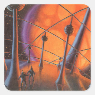  Wetenschapsfiche, Oranje zon en buitenaardse weze Vierkante Sticker
