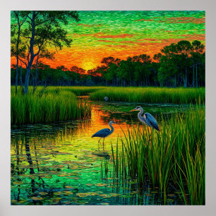 Wetlandlandschap met reigers onder een verbluffend poster