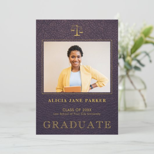 Wetschool afstuderen paarse gouden foto aankondiging (Staand voorkant)