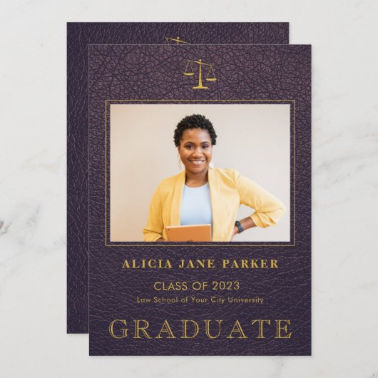 Wetschool afstuderen paarse gouden foto aankondiging (Voorkant / Achterkant)