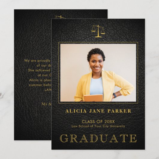 Wetschool afstuderen zwarte goudfoto aankondiging (Voorkant / Achterkant)