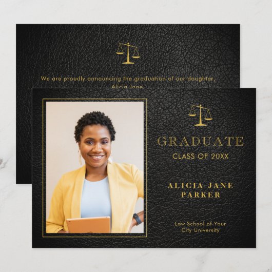 Wetschool afstuderen zwarte goudfoto aankondiging (Voorkant / Achterkant)