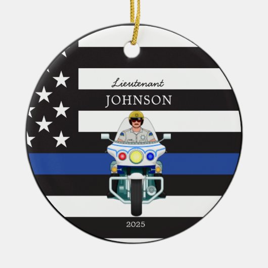 Wetshandhaving Dunne Blauwe Lijn Motorfiets Keramisch Ornament (Voorkant)