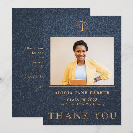 Wetsschool afstuderen foto-elegant marvy gold bedankkaart (Voorkant / Achterkant)