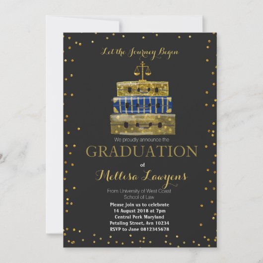 Wettelijke Afstuderen Navy Blue & Gold Card-uitnod Kaart (Voorkant)