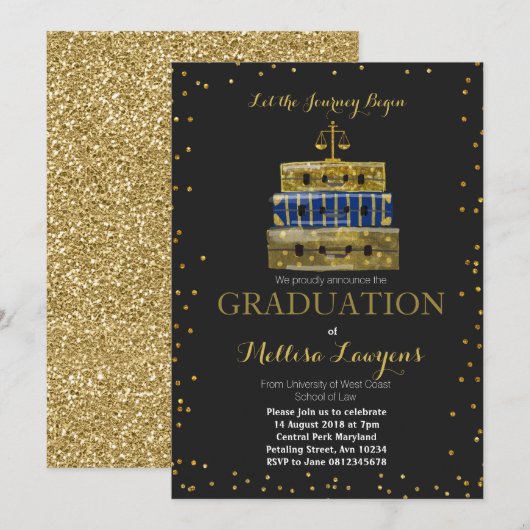 Wettelijke Afstuderen Navy Blue & Gold Card-uitnod Kaart (Voorkant / Achterkant)