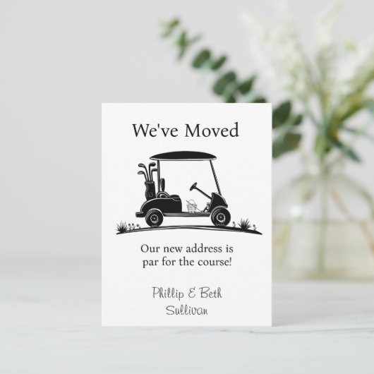 We've Moved Black Silhouette Golf Cart Aankondigingskaart (Staand voorkant)