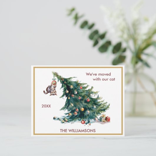 We've Moved Fun Cat and Tree Christmas  Aankondigingskaart (Staand voorkant)