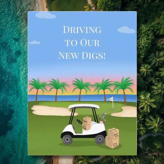 We've Moved Golf Cart By the Ocean New Address Aankondigingskaart