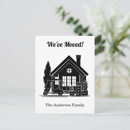 We've Moved! Golf Cart Parked at House Silhouette Aankondigingskaart (Staand voorkant)