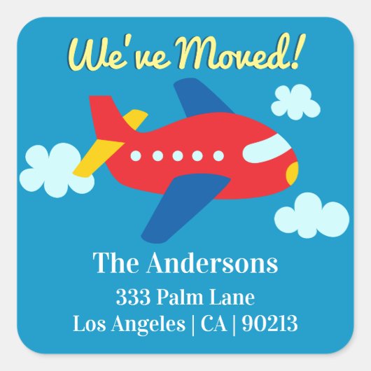We've Moved, Red Cartoon Plane, Return Address Vierkante Sticker (Voorkant)