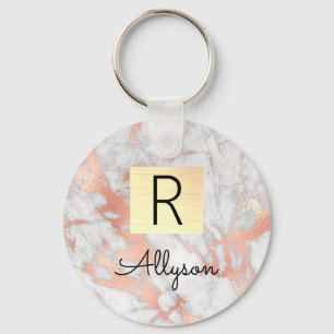 Wh & Rose Goud Marmer Gouden Doos, Naam & Monogram Sleutelhanger