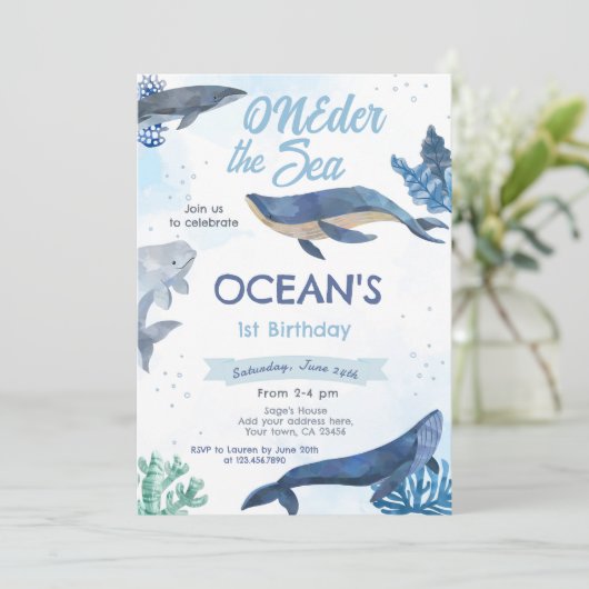 Whale 1e verjaardag uitnodiging (Staand voorkant)