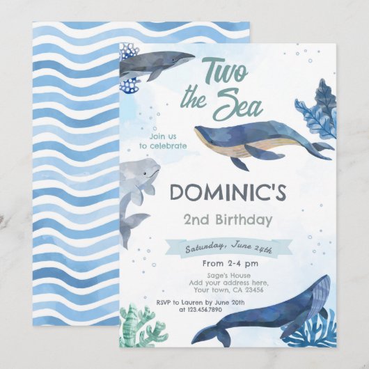 Whale 2e verjaardag uitnodiging (Voorkant / Achterkant)