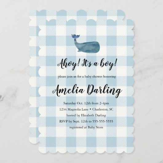 Whale Baby Boy Baby shower Scallop Edge Invitation Kaart (Voorkant / Achterkant)