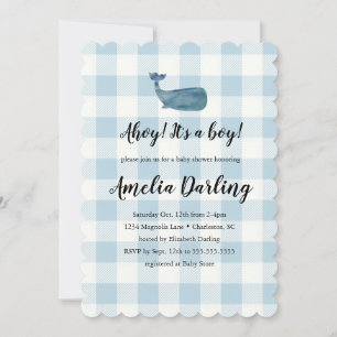 Whale Baby Boy Baby shower Scallop Edge Invitation Kaart