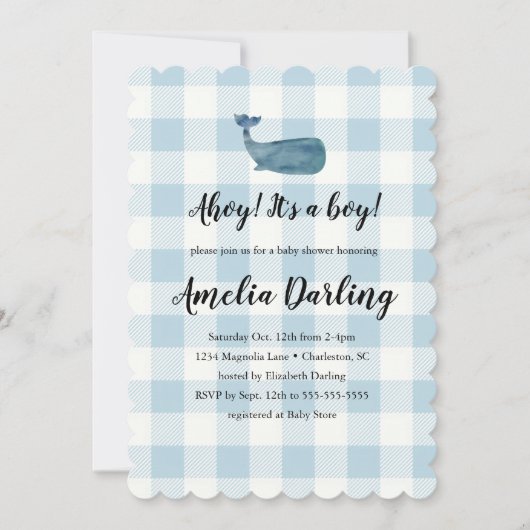 Whale Baby Boy Baby shower Scallop Edge Invitation Kaart (Voorkant)