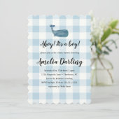 Whale Baby Boy Baby shower Scallop Edge Invitation Kaart (Staand voorkant)