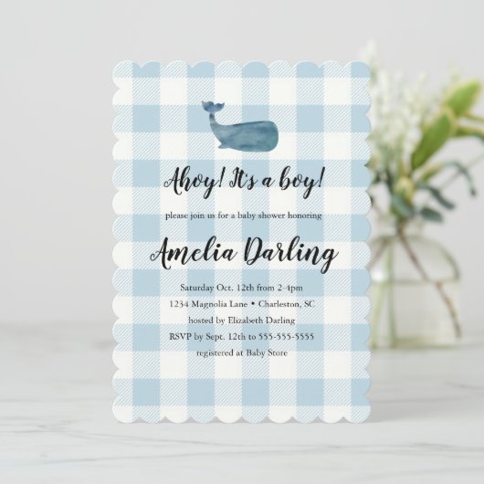 Whale Baby Boy Baby shower Scallop Edge Invitation Kaart (Staand voorkant)