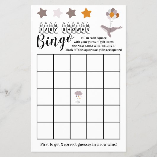 Whale Baby shower Beauful Dream Bingo Game Kaart (Voorkant)