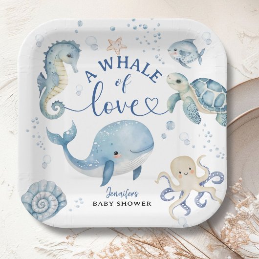 Whale Baby Shower Boy Blue Ocean Papieren Bordje