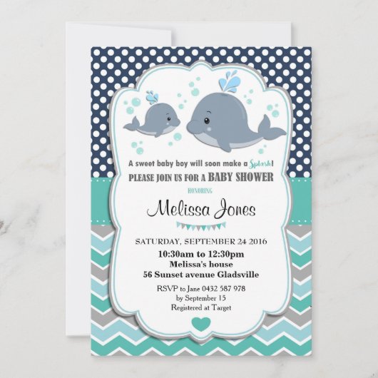 Whale Baby shower Gepersonaliseerde Uitnodiging Ba (Voorkant)