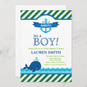 Whale Baby shower Invitation Baby Boy Kaart (Voorkant / Achterkant)